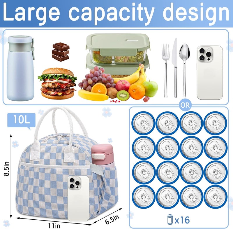 Carry bloom Lunch Box for Women, Insulated Lunch Bag Cute Corduroy Lunchbag Reusable Lunchbox for Work (checkered blue white) - Image 2